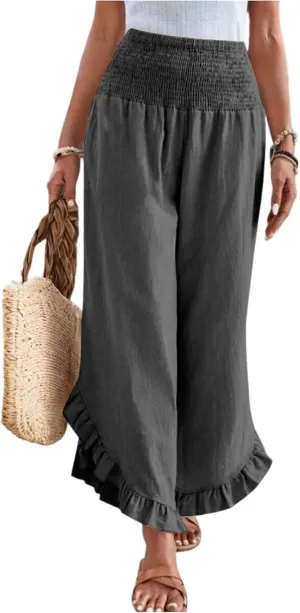 Palazzo Pants for Women Casual Linen Wide Leg Stretch Smocked High Waisted Ruffle Hem Slacks Summer Beach Pant with Pockets