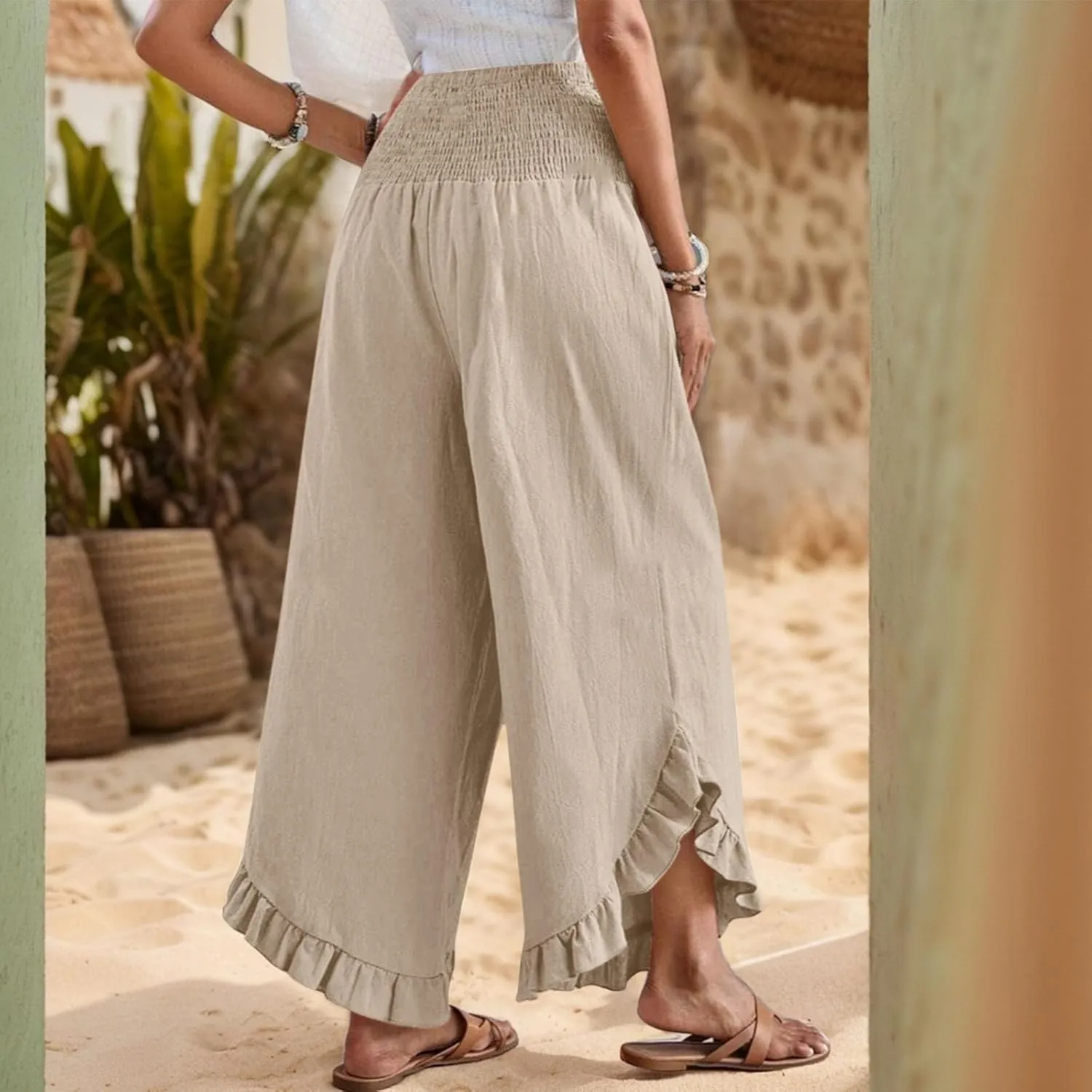 Palazzo Pants for Women Casual Linen Wide Leg Stretch Smocked High Waisted Ruffle Hem Slacks Summer Beach Pant with Pockets