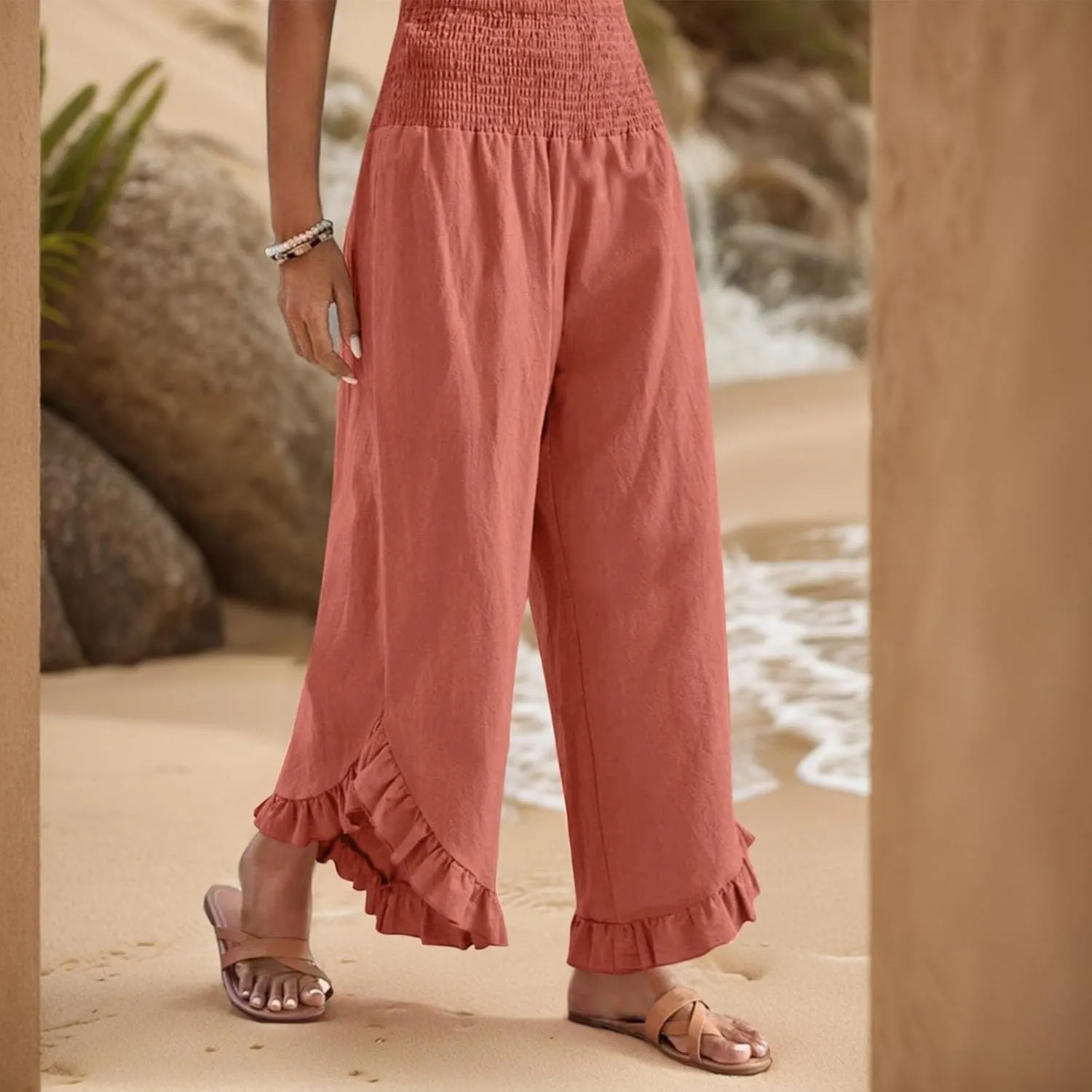 Palazzo Pants for Women Casual Linen Wide Leg Stretch Smocked High Waisted Ruffle Hem Slacks Summer Beach Pant with Pockets