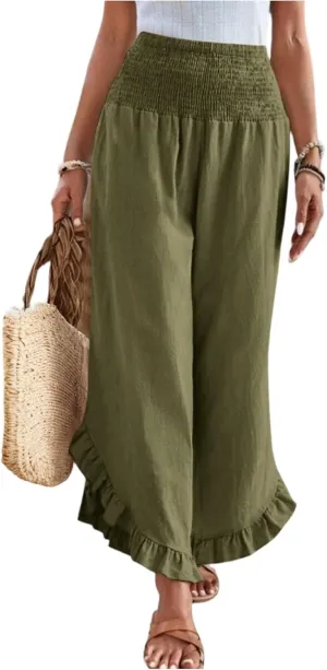 Palazzo Pants for Women Casual Linen Wide Leg Stretch Smocked High Waisted Ruffle Hem Slacks Summer Beach Pant with Pockets