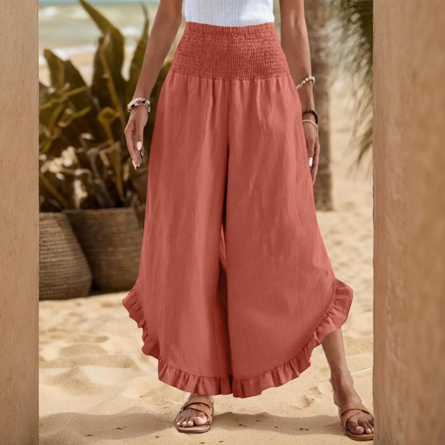 Palazzo Pants for Women Casual Linen Wide Leg Stretch Smocked High Waisted Ruffle Hem Slacks Summer Beach Pant with Pockets