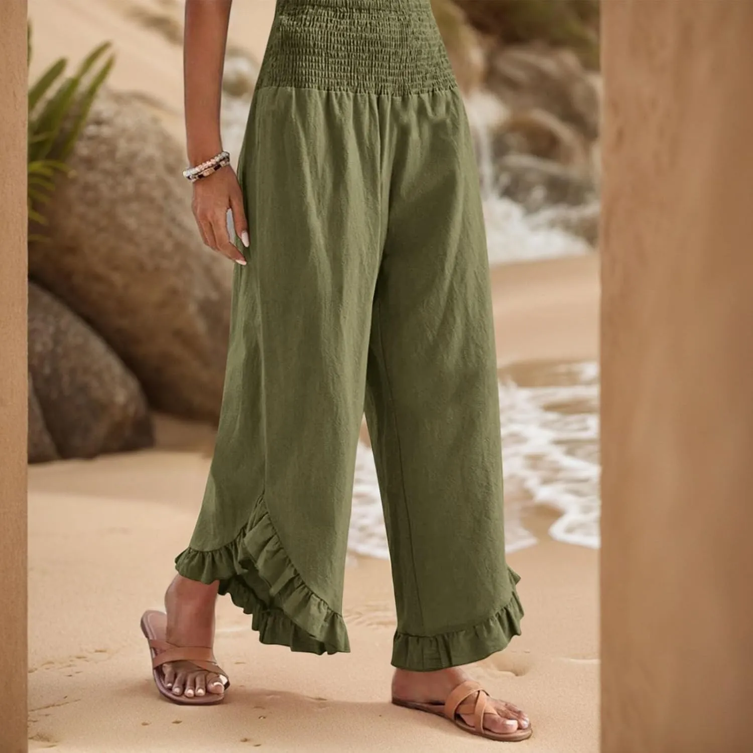 Palazzo Pants for Women Casual Linen Wide Leg Stretch Smocked High Waisted Ruffle Hem Slacks Summer Beach Pant with Pockets