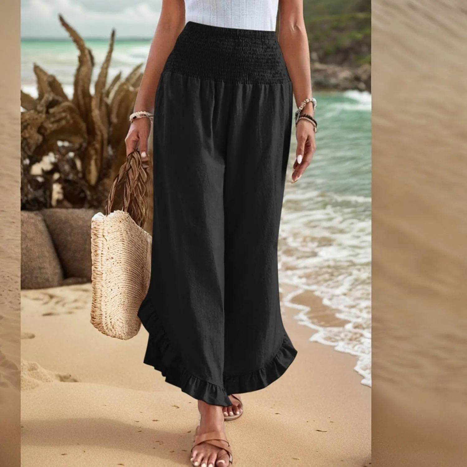 Palazzo Pants for Women Casual Linen Wide Leg Stretch Smocked High Waisted Ruffle Hem Slacks Summer Beach Pant with Pockets