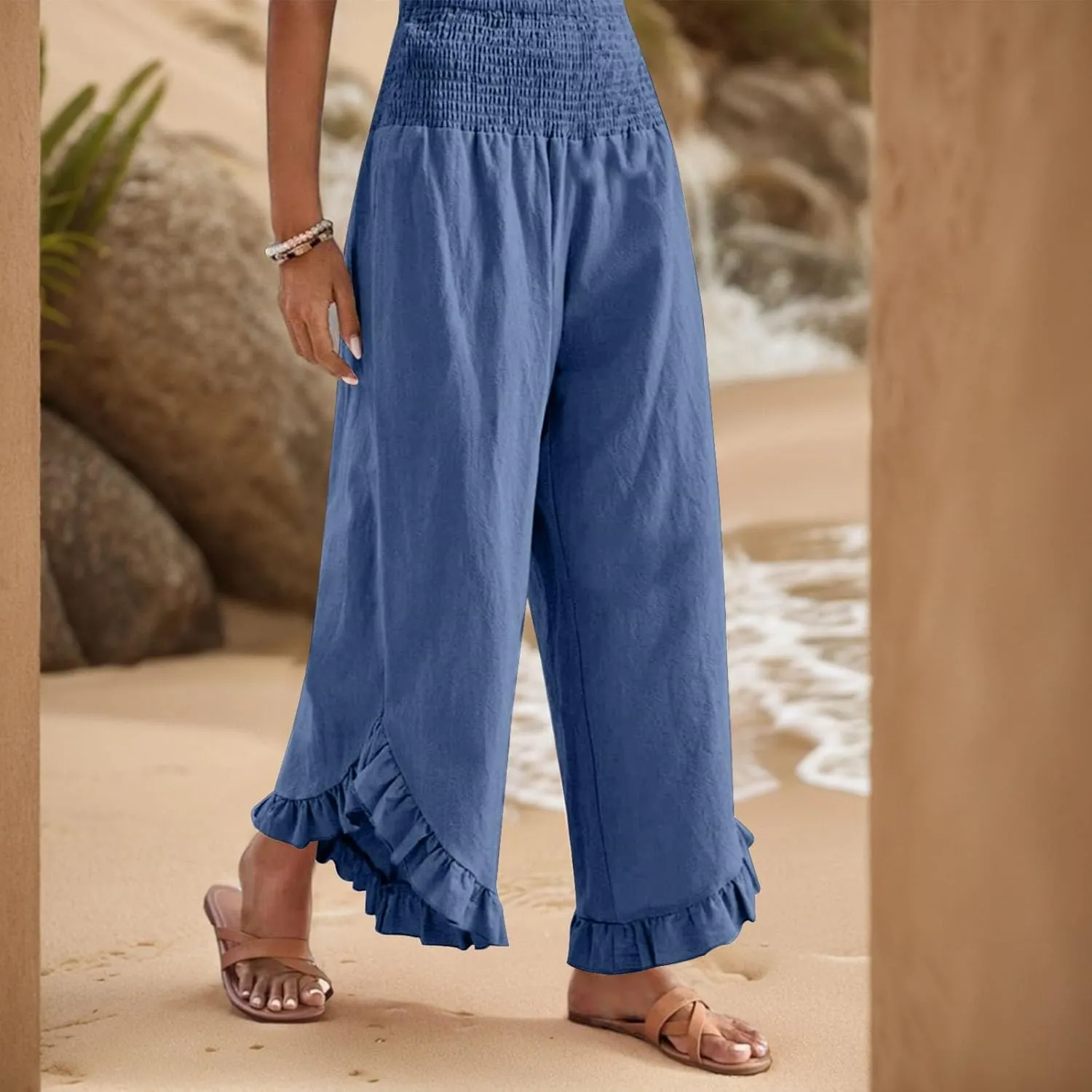 Palazzo Pants for Women Casual Linen Wide Leg Stretch Smocked High Waisted Ruffle Hem Slacks Summer Beach Pant with Pockets