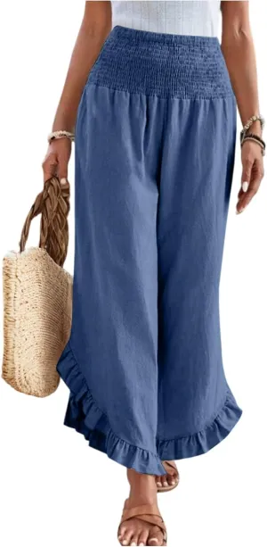 Palazzo Pants for Women Casual Linen Wide Leg Stretch Smocked High Waisted Ruffle Hem Slacks Summer Beach Pant with Pockets