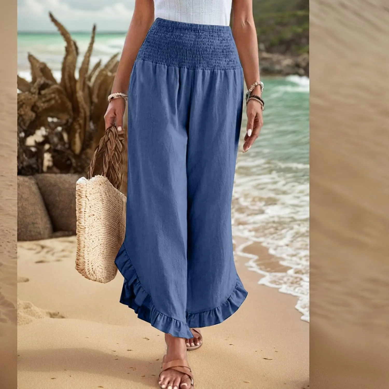 Palazzo Pants for Women Casual Linen Wide Leg Stretch Smocked High Waisted Ruffle Hem Slacks Summer Beach Pant with Pockets