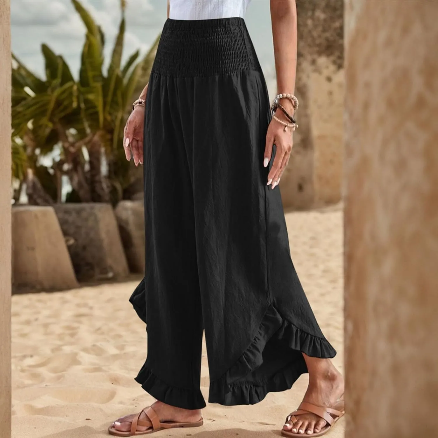 Palazzo Pants for Women Casual Linen Wide Leg Stretch Smocked High Waisted Ruffle Hem Slacks Summer Beach Pant with Pockets