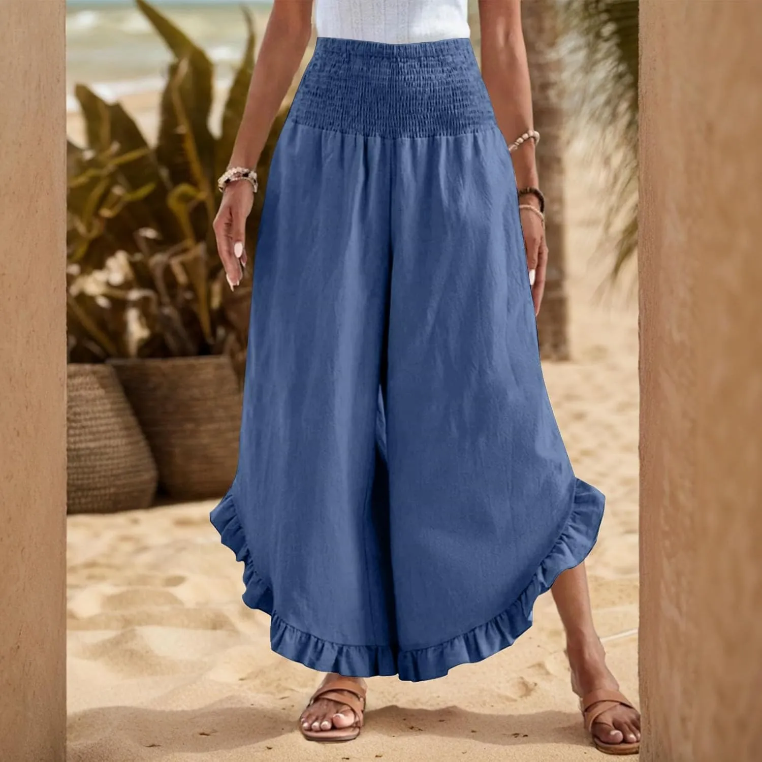 Palazzo Pants for Women Casual Linen Wide Leg Stretch Smocked High Waisted Ruffle Hem Slacks Summer Beach Pant with Pockets