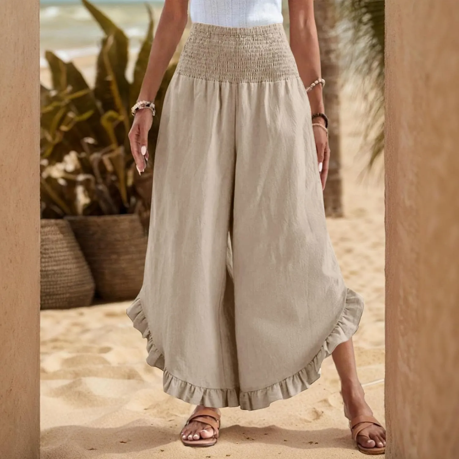 Palazzo Pants for Women Casual Linen Wide Leg Stretch Smocked High Waisted Ruffle Hem Slacks Summer Beach Pant with Pockets