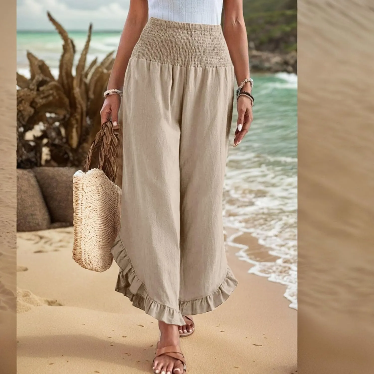 Palazzo Pants for Women Casual Linen Wide Leg Stretch Smocked High Waisted Ruffle Hem Slacks Summer Beach Pant with Pockets