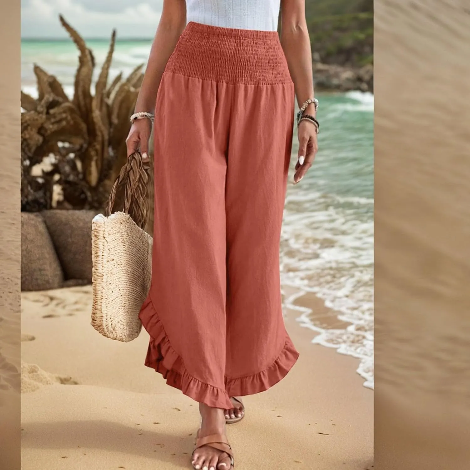 Palazzo Pants for Women Casual Linen Wide Leg Stretch Smocked High Waisted Ruffle Hem Slacks Summer Beach Pant with Pockets