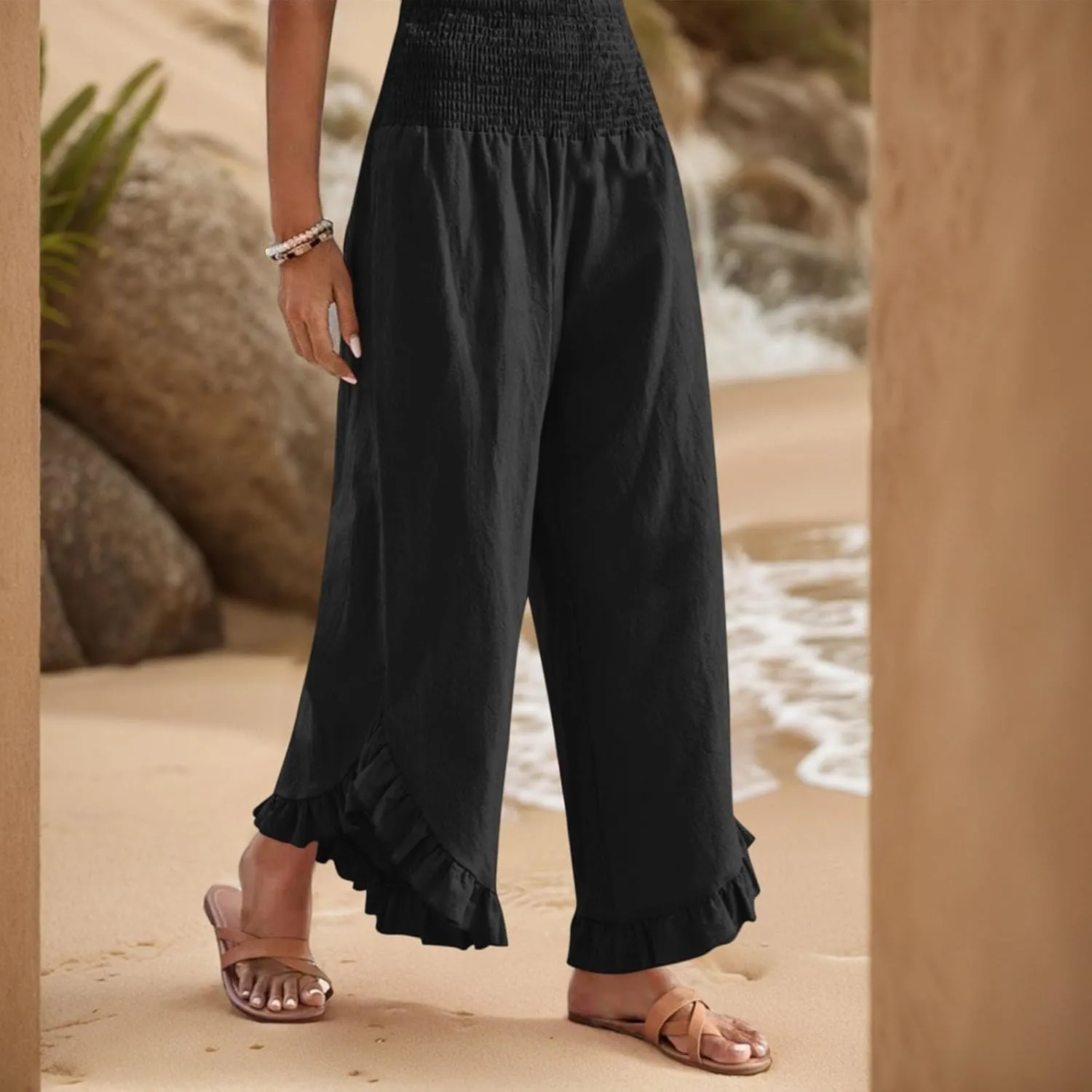 Palazzo Pants for Women Casual Linen Wide Leg Stretch Smocked High Waisted Ruffle Hem Slacks Summer Beach Pant with Pockets