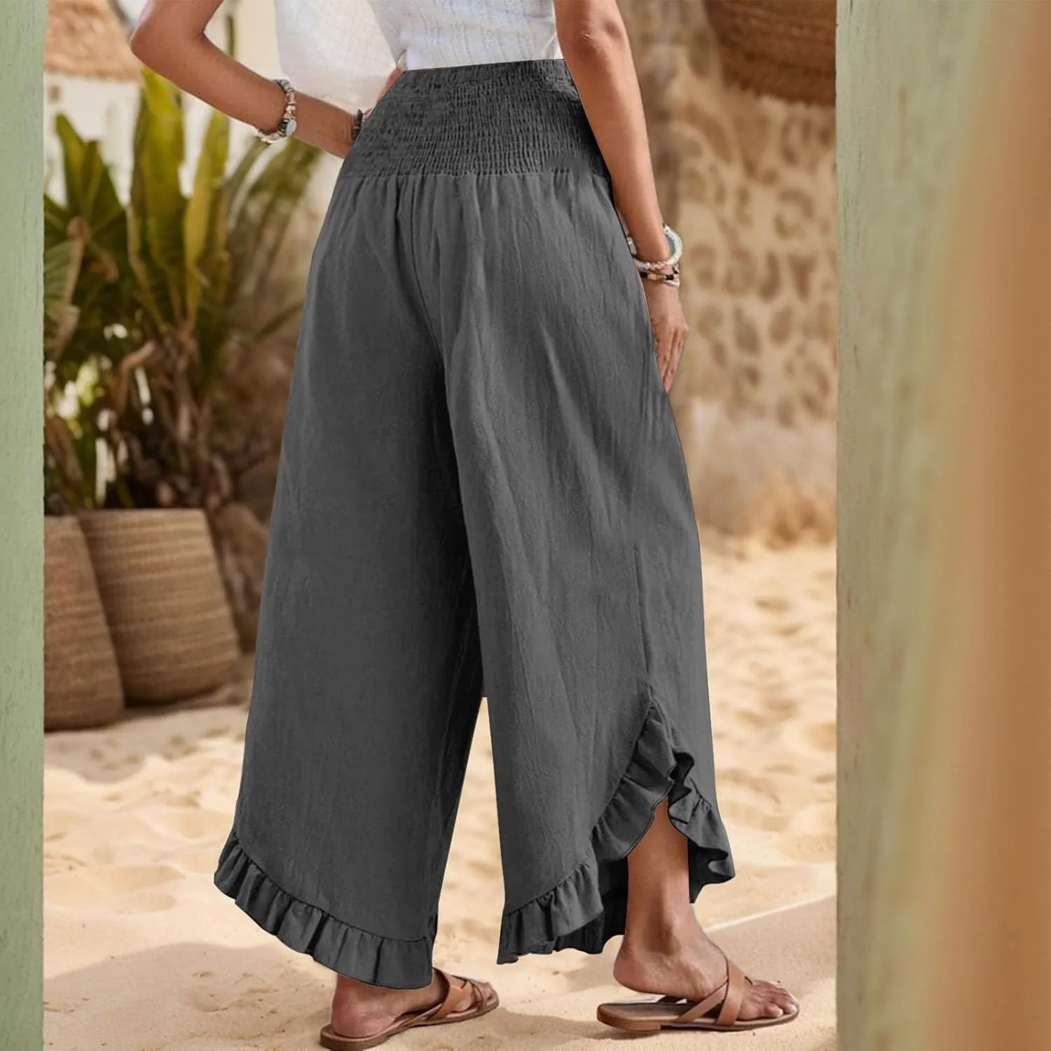Palazzo Pants for Women Casual Linen Wide Leg Stretch Smocked High Waisted Ruffle Hem Slacks Summer Beach Pant with Pockets