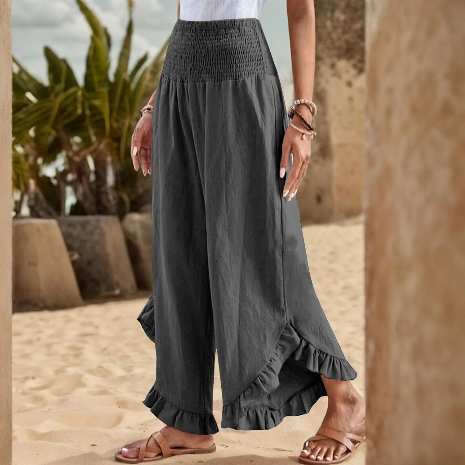 Palazzo Pants for Women Casual Linen Wide Leg Stretch Smocked High Waisted Ruffle Hem Slacks Summer Beach Pant with Pockets
