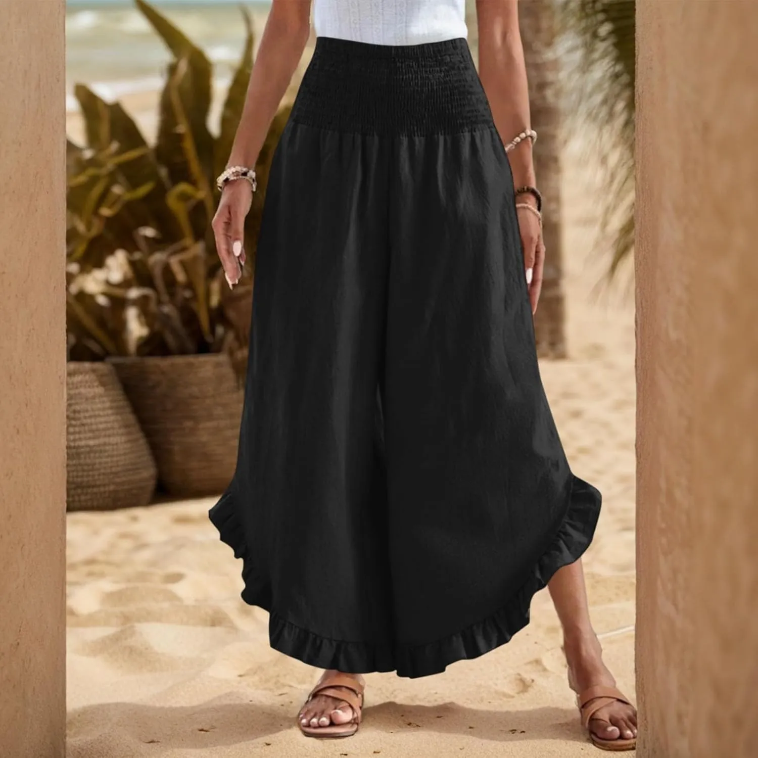 Palazzo Pants for Women Casual Linen Wide Leg Stretch Smocked High Waisted Ruffle Hem Slacks Summer Beach Pant with Pockets