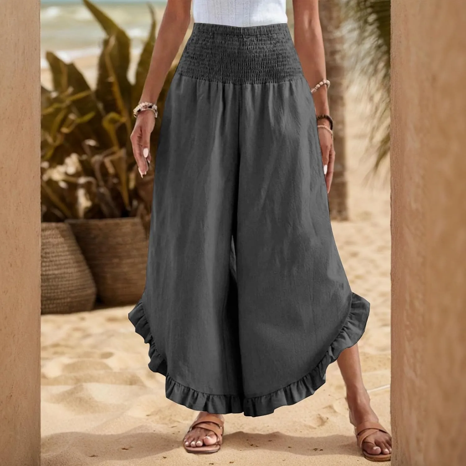Palazzo Pants for Women Casual Linen Wide Leg Stretch Smocked High Waisted Ruffle Hem Slacks Summer Beach Pant with Pockets