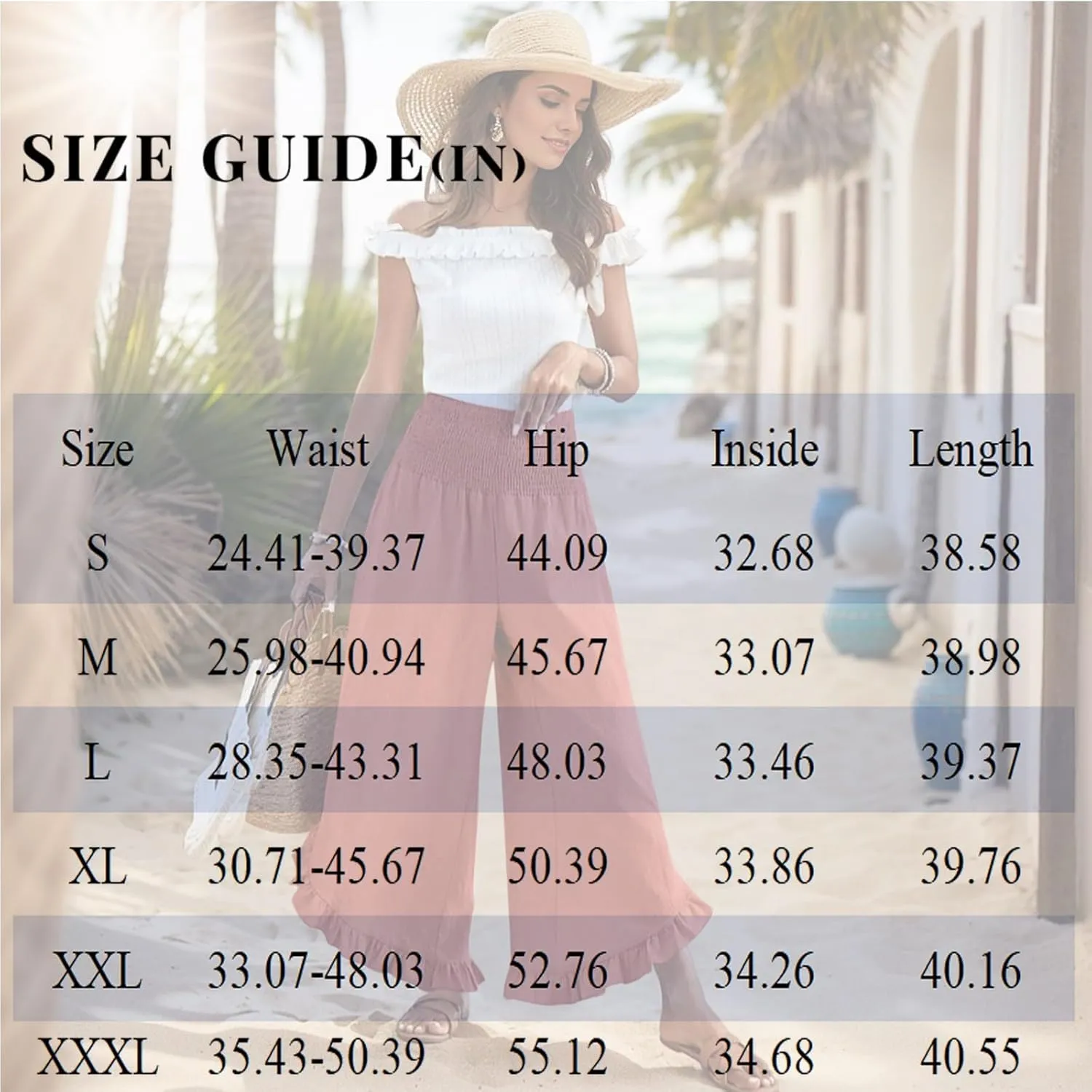 Palazzo Pants for Women Casual Linen Wide Leg Stretch Smocked High Waisted Ruffle Hem Slacks Summer Beach Pant with Pockets
