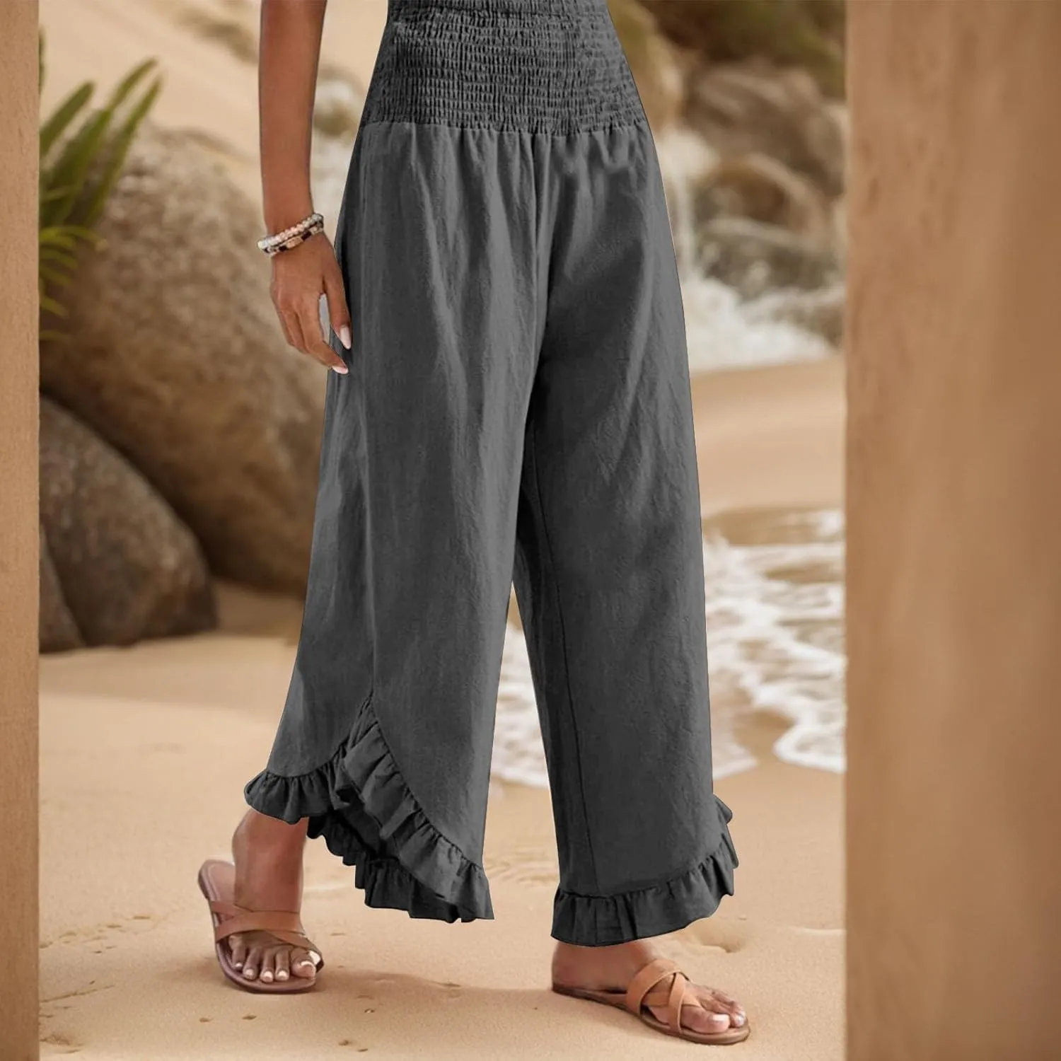 Palazzo Pants for Women Casual Linen Wide Leg Stretch Smocked High Waisted Ruffle Hem Slacks Summer Beach Pant with Pockets