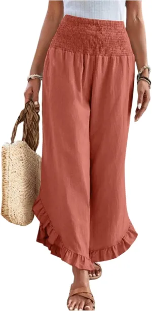 Palazzo Pants for Women Casual Linen Wide Leg Stretch Smocked High Waisted Ruffle Hem Slacks Summer Beach Pant with Pockets