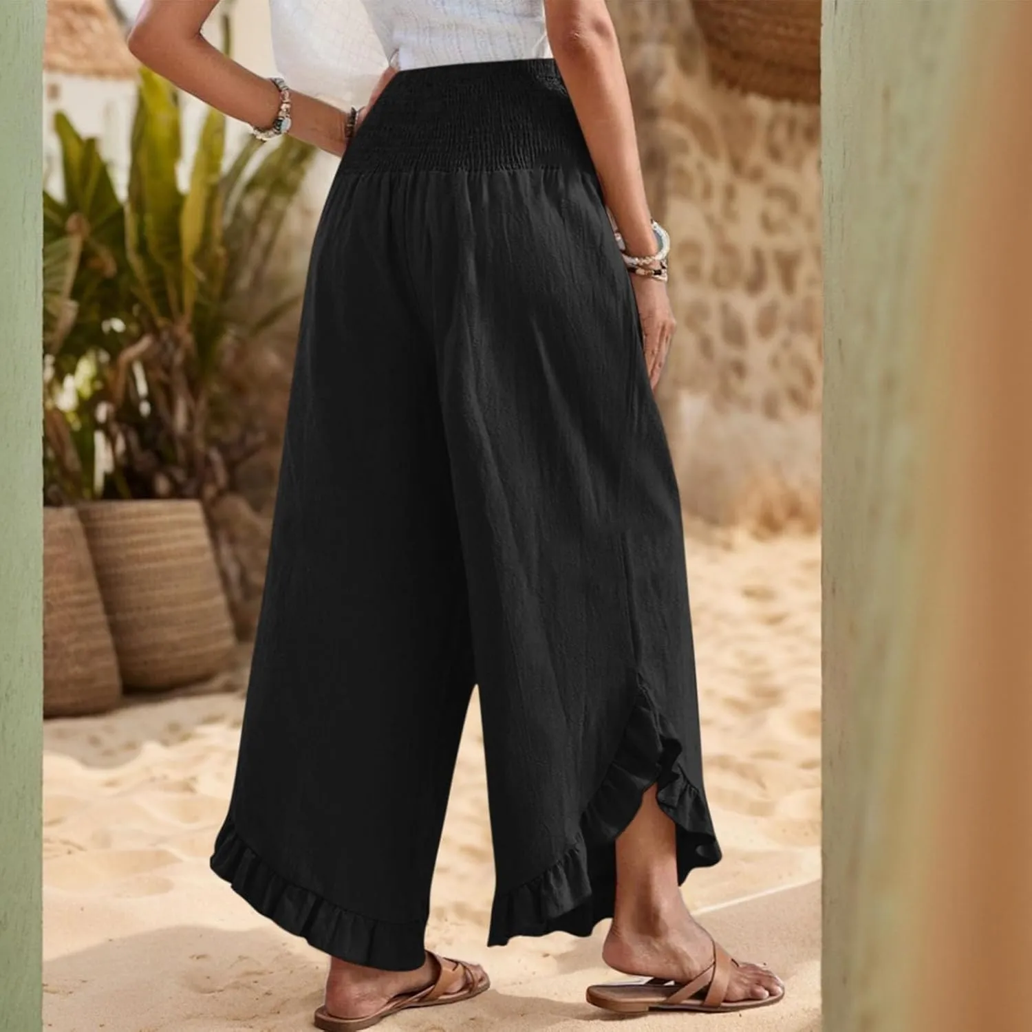 Palazzo Pants for Women Casual Linen Wide Leg Stretch Smocked High Waisted Ruffle Hem Slacks Summer Beach Pant with Pockets