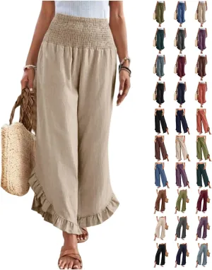 Palazzo Pants for Women Casual Linen Wide Leg Stretch Smocked High Waisted Ruffle Hem Slacks Summer Beach Pant with Pockets