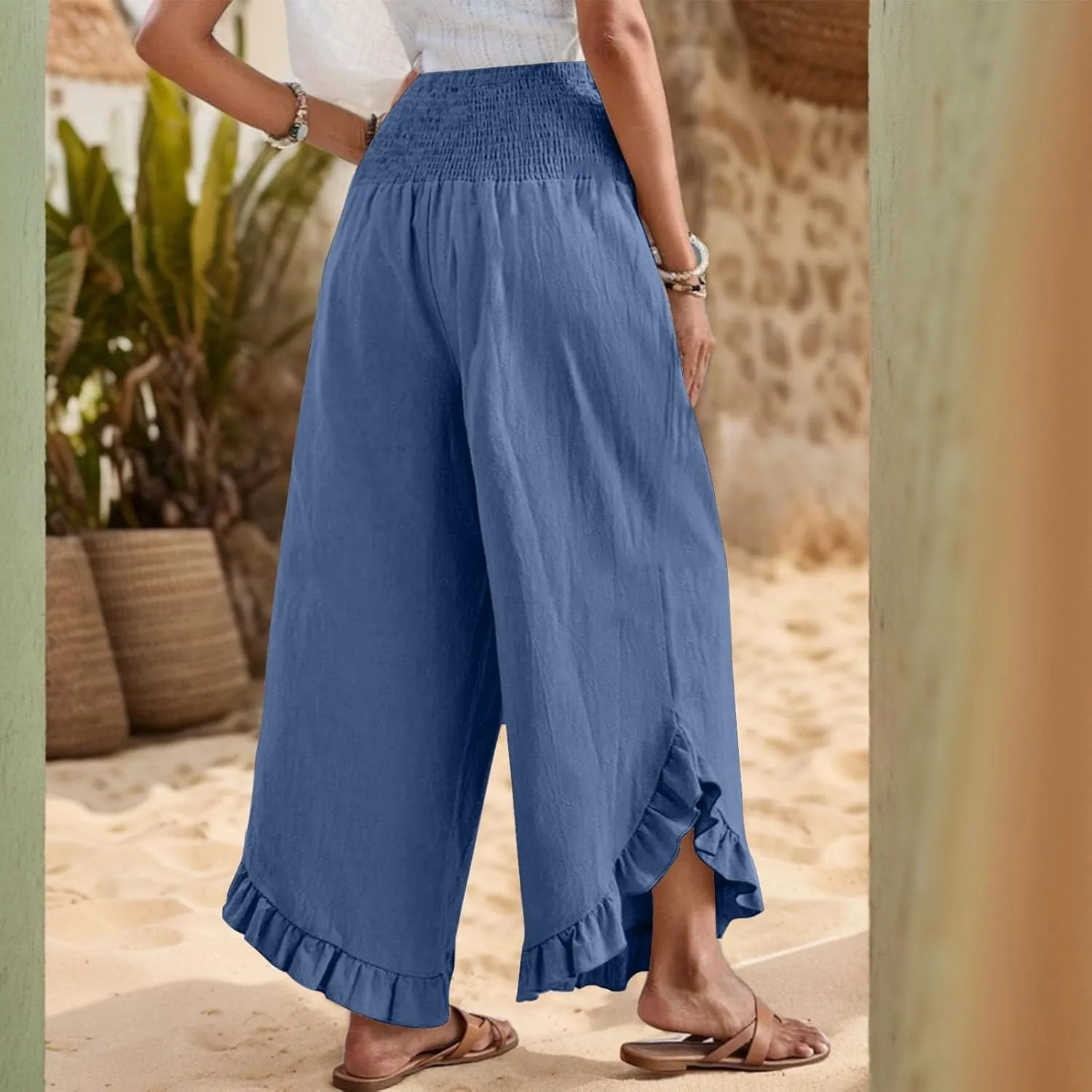 Palazzo Pants for Women Casual Linen Wide Leg Stretch Smocked High Waisted Ruffle Hem Slacks Summer Beach Pant with Pockets