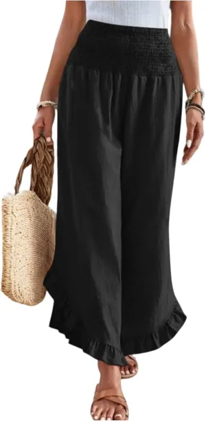 Palazzo Pants for Women Casual Linen Wide Leg Stretch Smocked High Waisted Ruffle Hem Slacks Summer Beach Pant with Pockets