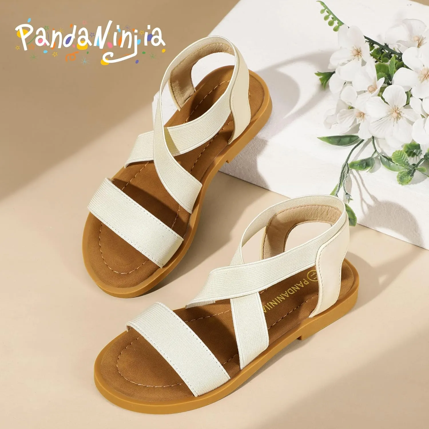 PANDANINJIA Girls Sandals Slip-on Elastic Ankle Cross Strappy Gladiator Dress Sandals Flats Summer Shoes Little Big Kids Sandals