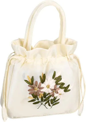 PartyKindom Floral Embroidered Tote Purse for Women White Wedding Handbag Party Clutch Bag with Drawstring Closure