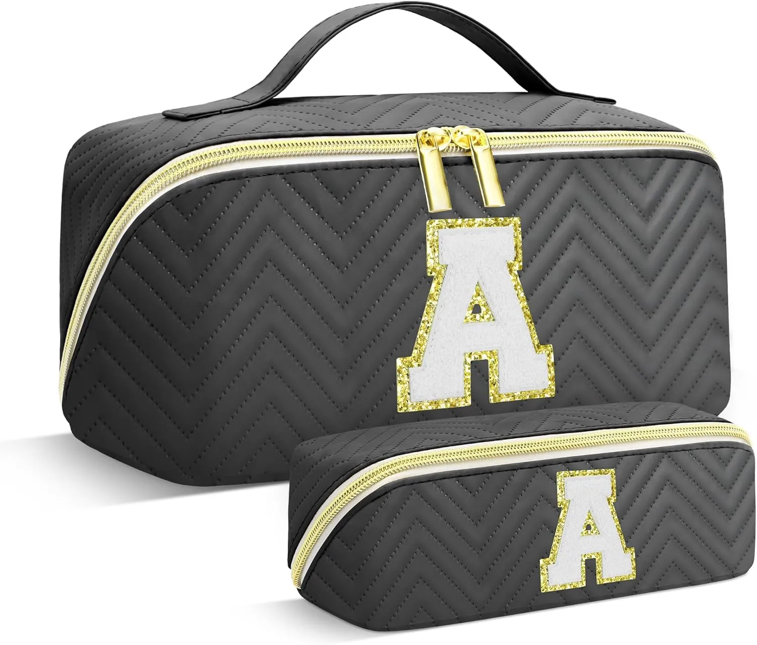 Personalized Initial Makeup Bag | Trendy Large Capacity Cosmetic Bags Travel Toiletry Bag Teen Girls Women Girlfriend Teacher Gifts, Birthday Gifts Leather Waterproof Portable Make up Bag Organizer A