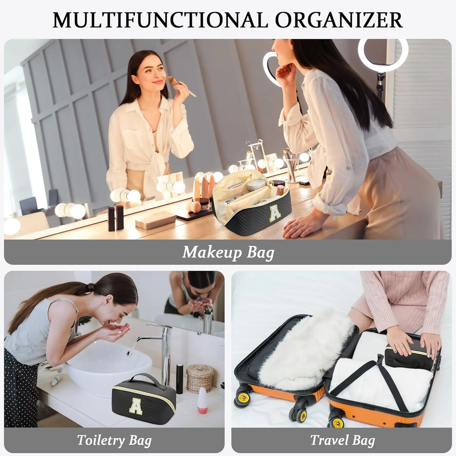 Personalized Initial Makeup Bag | Trendy Large Capacity Cosmetic Bags Travel Toiletry Bag Teen Girls Women Girlfriend Teacher Gifts, Birthday Gifts Leather Waterproof Portable Make up Bag Organizer A