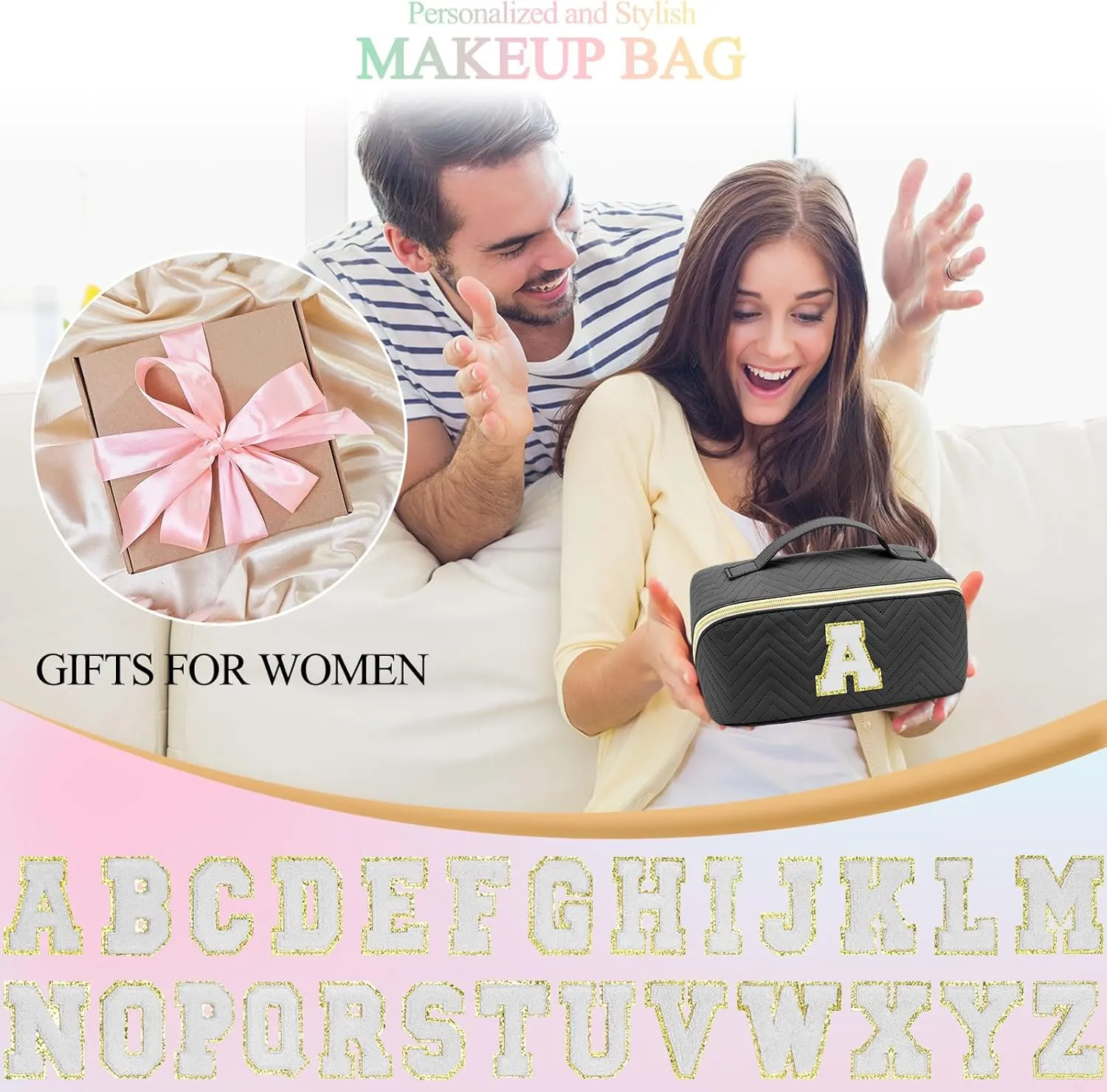 Personalized Initial Makeup Bag | Trendy Large Capacity Cosmetic Bags Travel Toiletry Bag Teen Girls Women Girlfriend Teacher Gifts, Birthday Gifts Leather Waterproof Portable Make up Bag Organizer A