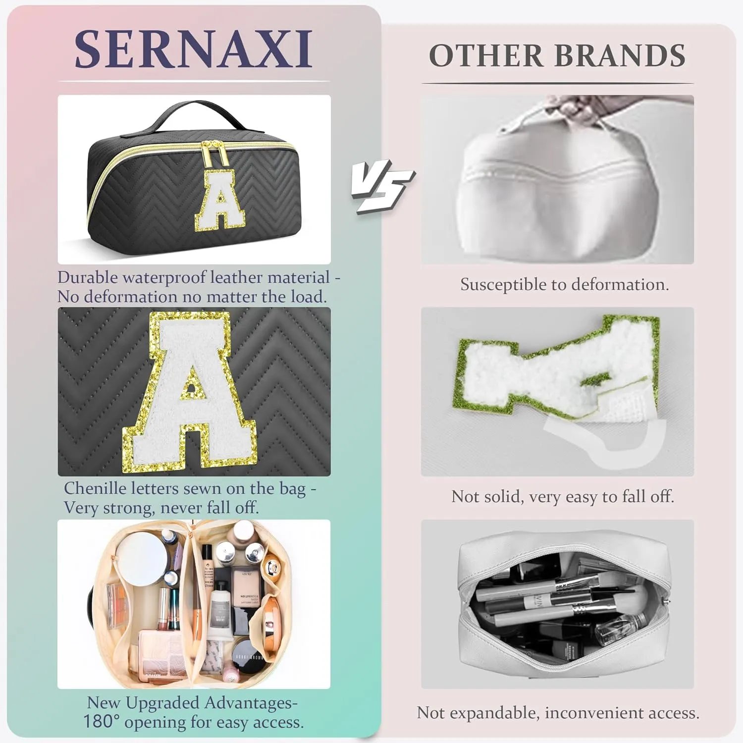 Personalized Initial Makeup Bag | Trendy Large Capacity Cosmetic Bags Travel Toiletry Bag Teen Girls Women Girlfriend Teacher Gifts, Birthday Gifts Leather Waterproof Portable Make up Bag Organizer A