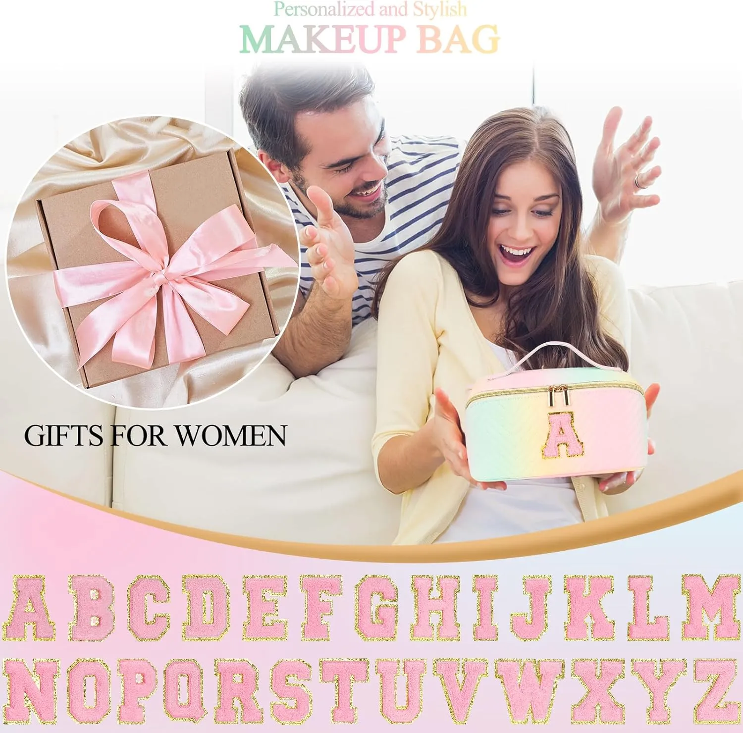 Personalized Initial Makeup Bag | Trendy Large Capacity Cosmetic Bags Travel Toiletry Bag Teen Girls Women Girlfriend Teacher Gifts, Birthday Gifts Leather Waterproof Portable Make up Bag Organizer A