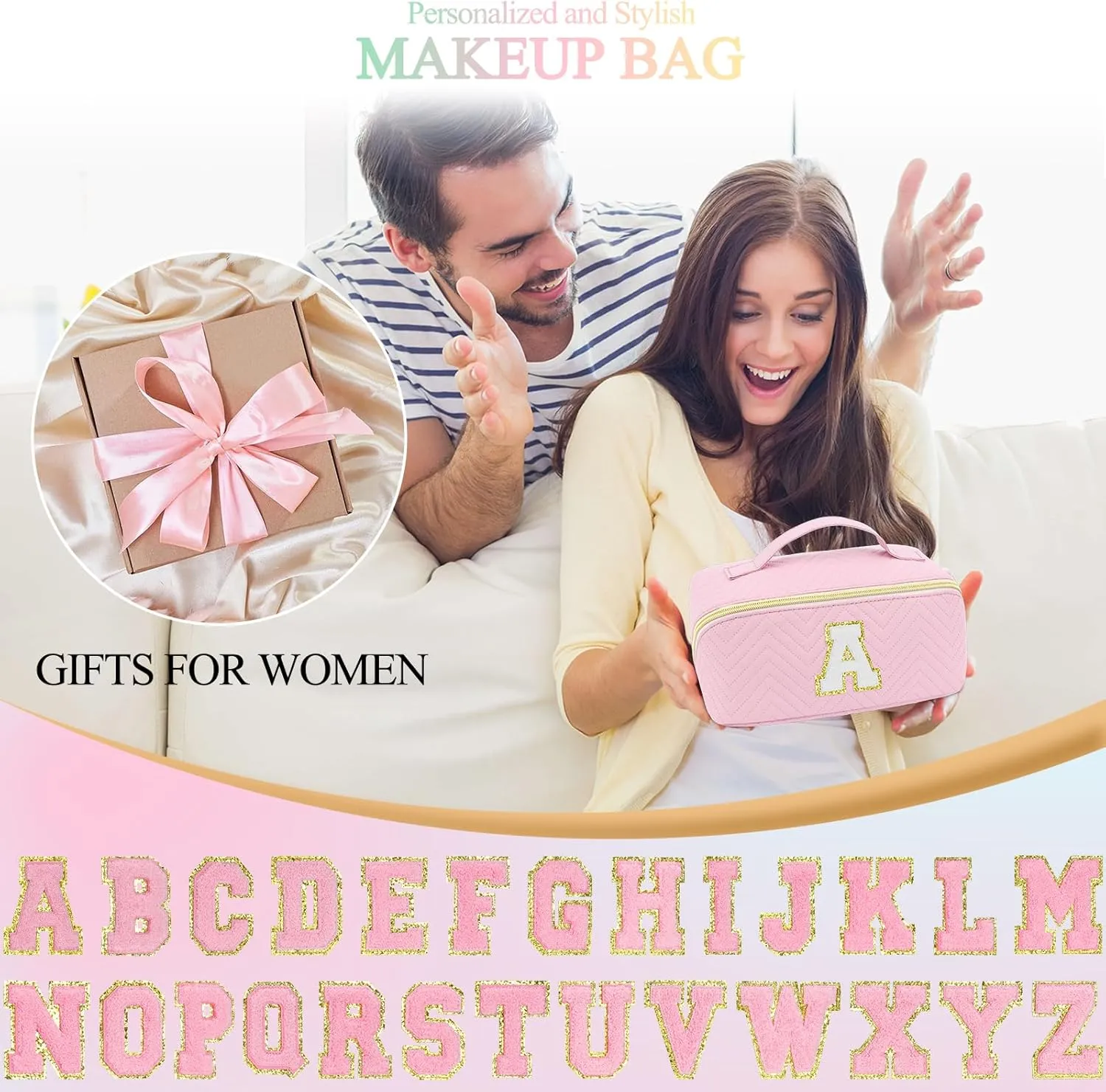 Personalized Initial Pink Makeup Bag | Trendy Cosmetic Bags Travel Toiletry Bag for Teen Girls Women, mother's day/graduation/Birthday day Gifts Portable Make up Bag Leather Waterproof Organizer A