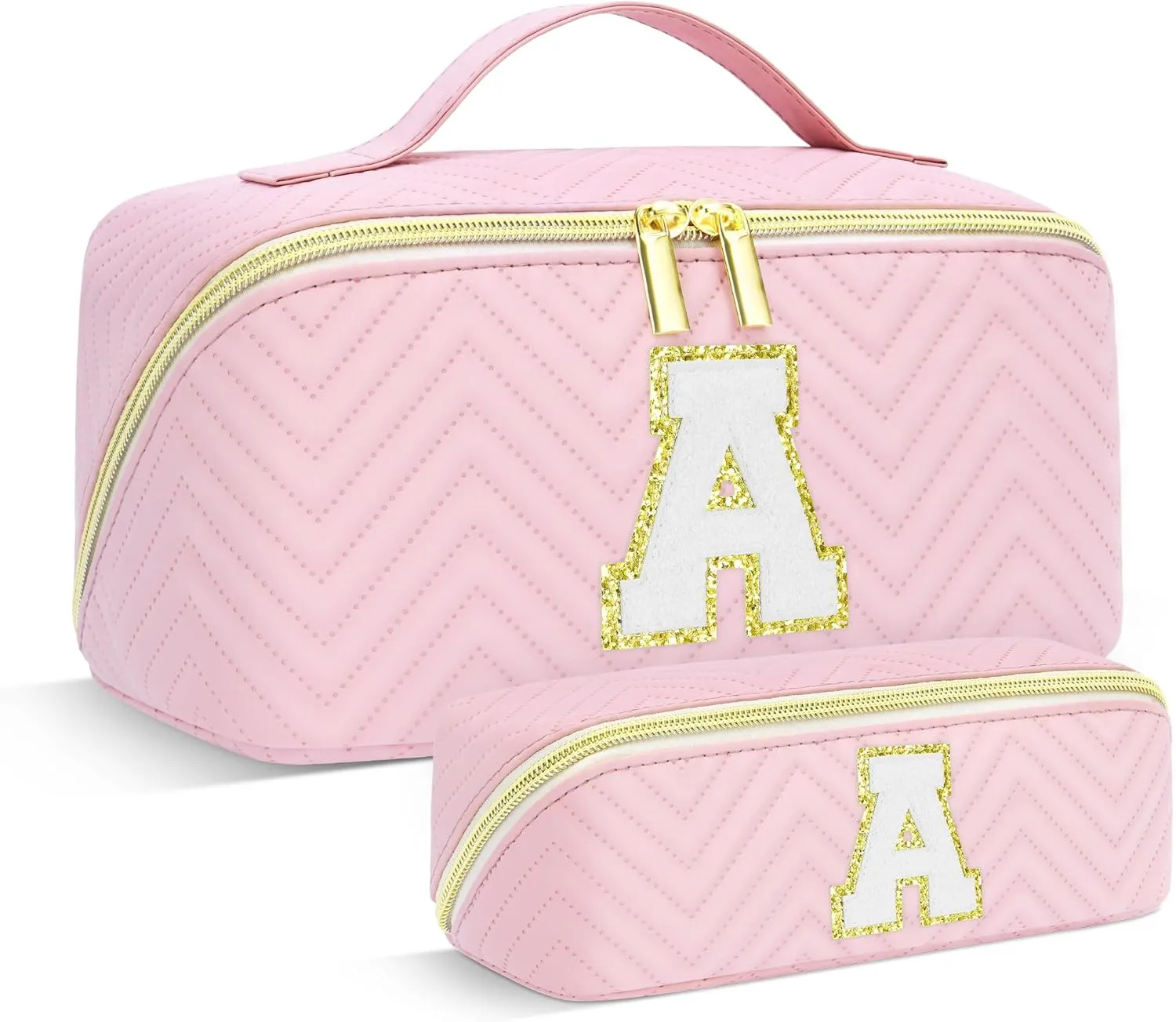 Personalized Initial Pink Makeup Bag | Trendy Cosmetic Bags Travel Toiletry Bag for Teen Girls Women, mother's day/graduation/Birthday day Gifts Portable Make up Bag Leather Waterproof Organizer A