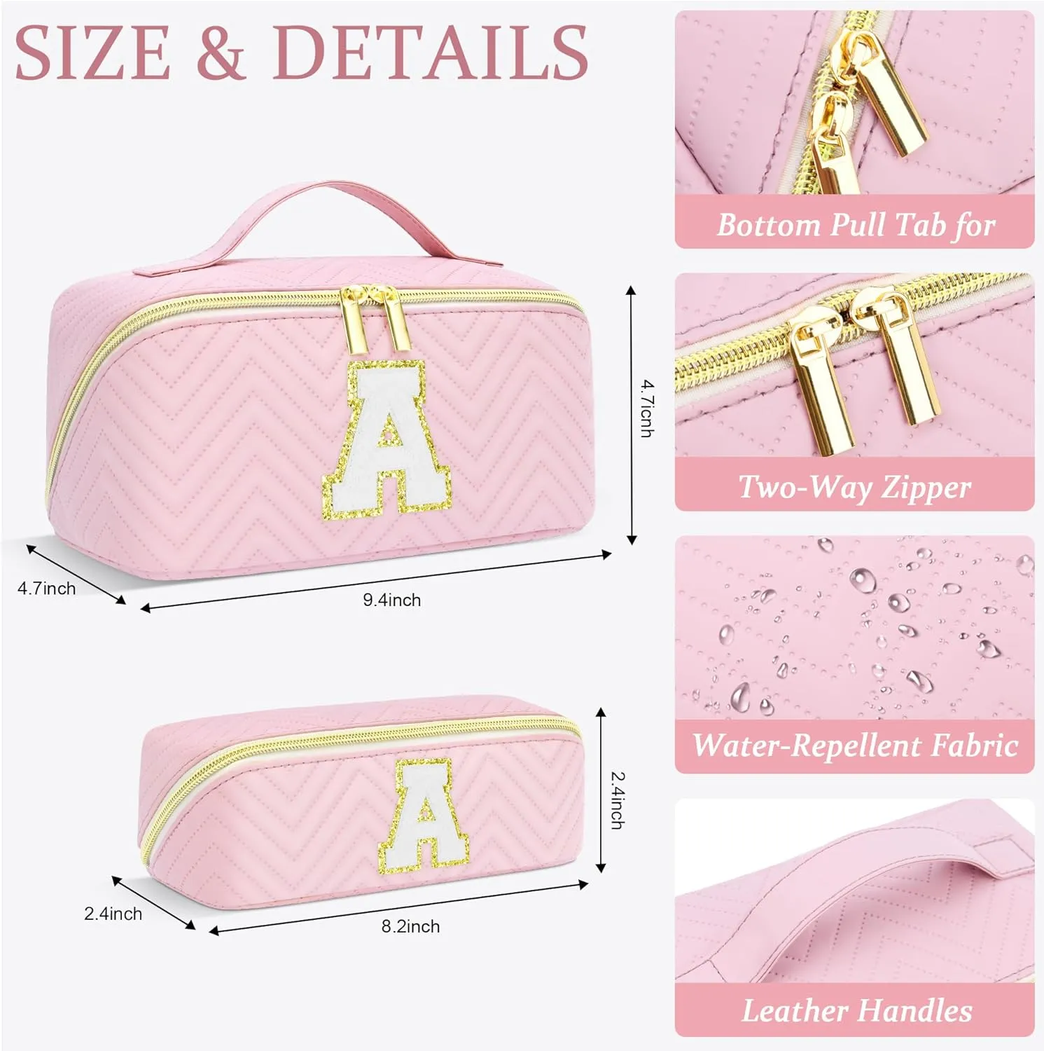 Personalized Initial Pink Makeup Bag | Trendy Cosmetic Bags Travel Toiletry Bag for Teen Girls Women, mother's day/graduation/Birthday day Gifts Portable Make up Bag Leather Waterproof Organizer A