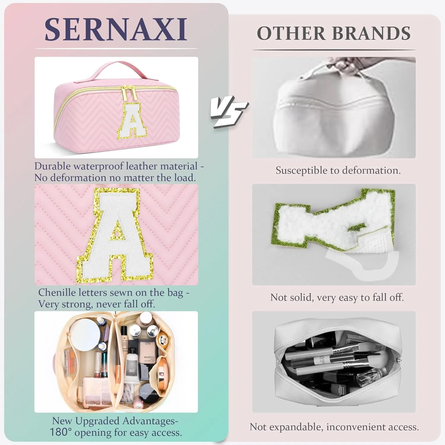 Personalized Initial Pink Makeup Bag | Trendy Cosmetic Bags Travel Toiletry Bag for Teen Girls Women, mother's day/graduation/Birthday day Gifts Portable Make up Bag Leather Waterproof Organizer A