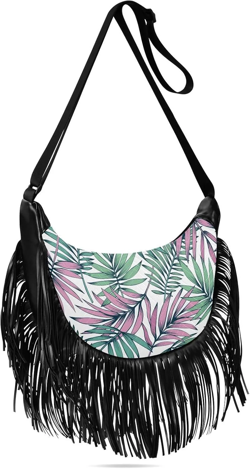 Pink Green Palm Leaves Fringe Bag for Women Cross Body Bag Tassel Shoulder Bag Satchel
