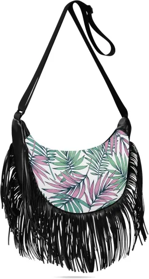 Pink Green Palm Leaves Fringe Bag for Women Cross Body Bag Tassel Shoulder Bag Satchel