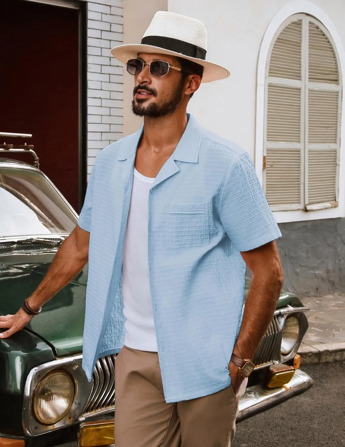 PJ PAUL JONES Mens Short Sleeve Button Down Shirts Casual Summer Beach Cuban Shirts Lightweight