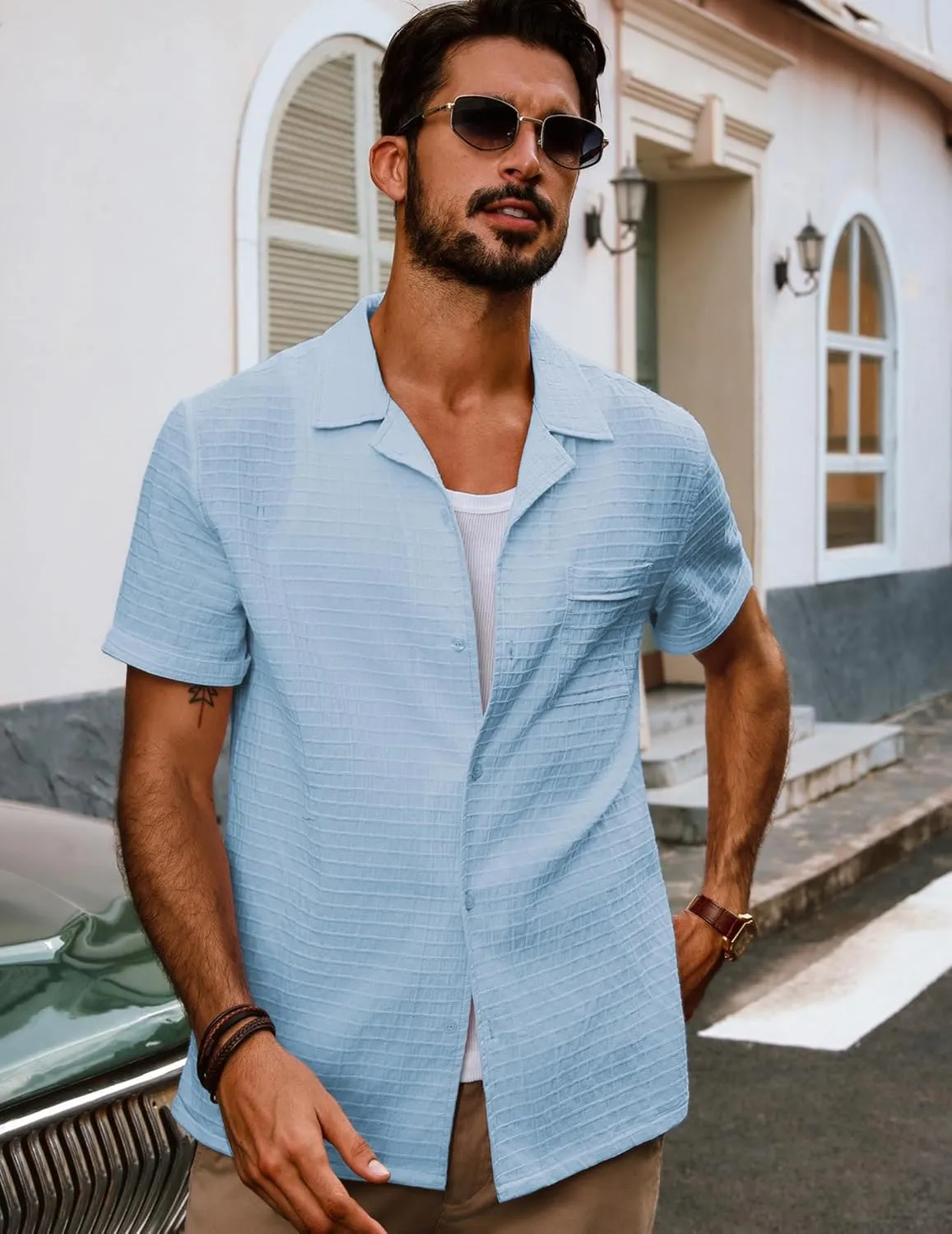 PJ PAUL JONES Mens Short Sleeve Button Down Shirts Casual Summer Beach Cuban Shirts Lightweight