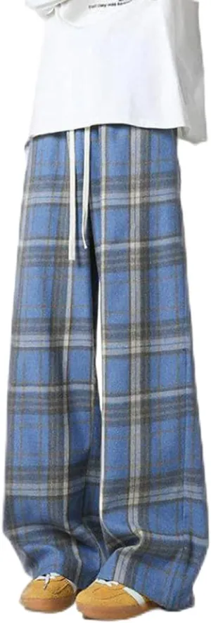 Plaid Pants for Men 2025 Fashion Vintage Loose Wide Leg Pant Plus Size Casual Lightweight Loose Streetwear Trousers