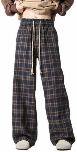 Plaid Pants for Men 2025 Fashion Vintage Loose Wide Leg Pant Plus Size Casual Lightweight Loose Streetwear Trousers