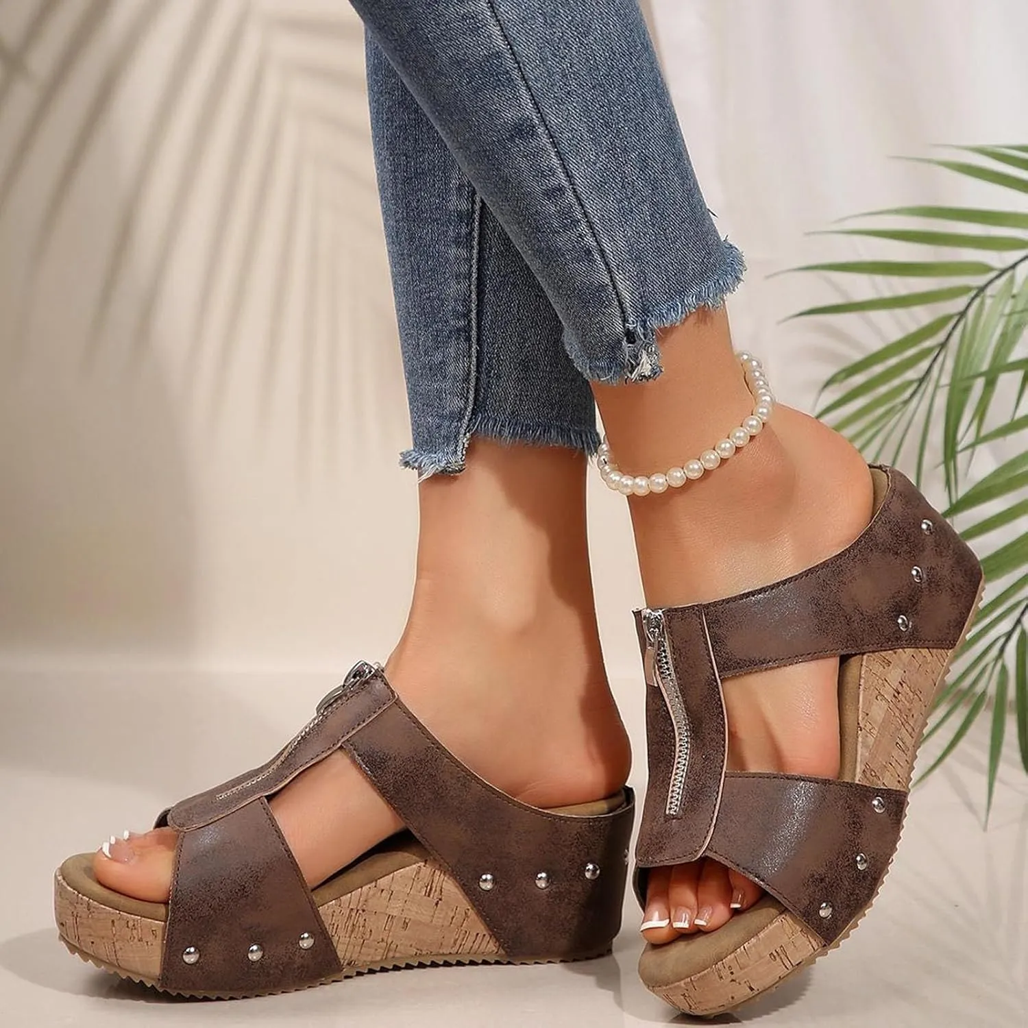 Platform Sandals Women Open Toe Cork Heeled Sandals Zipper Rivet Buckle Strap Mules Arch Support Anti-Slip Shoes Comfort Lightweight Beach Sandal Summer Vacation Leather Slippers