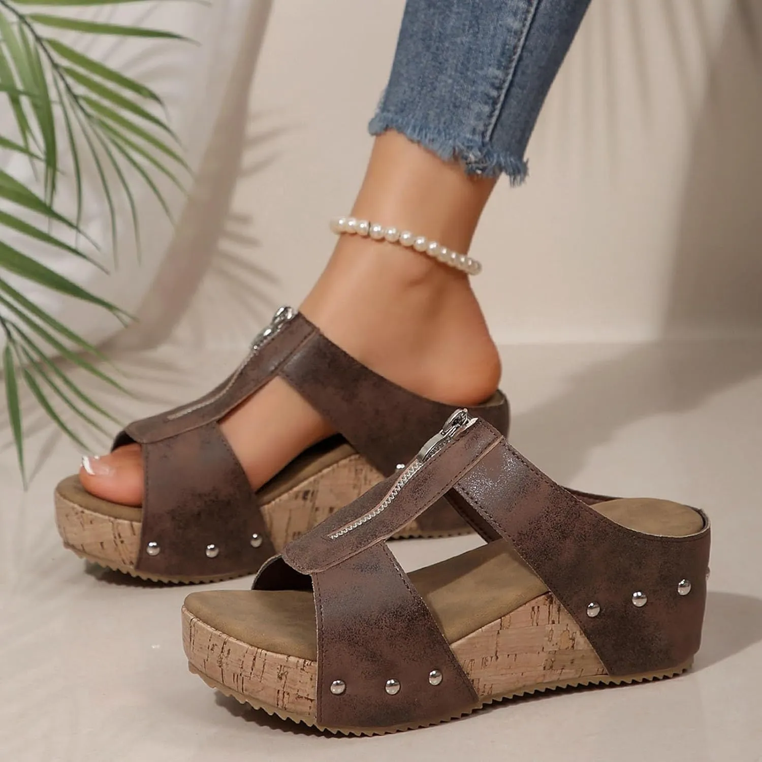 Platform Sandals Women Open Toe Cork Heeled Sandals Zipper Rivet Buckle Strap Mules Arch Support Anti-Slip Shoes Comfort Lightweight Beach Sandal Summer Vacation Leather Slippers