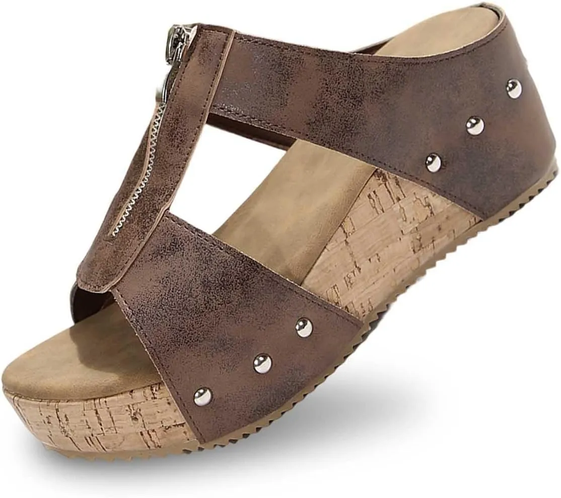 Platform Sandals Women Open Toe Cork Heeled Sandals Zipper Rivet Buckle Strap Mules Arch Support Anti-Slip Shoes Comfort Lightweight Beach Sandal Summer Vacation Leather Slippers