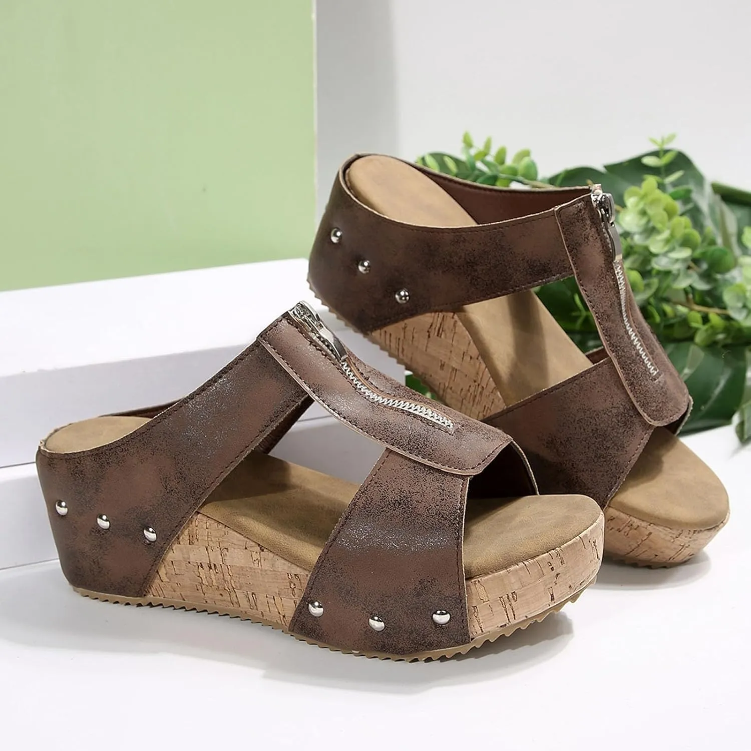 Platform Sandals Women Open Toe Cork Heeled Sandals Zipper Rivet Buckle Strap Mules Arch Support Anti-Slip Shoes Comfort Lightweight Beach Sandal Summer Vacation Leather Slippers