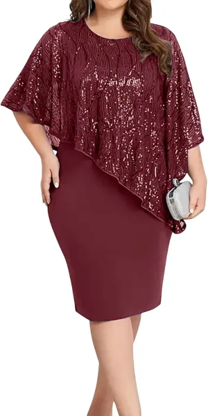 Plus Size Sequins Wedding Guest Dress for Curvy Women - Sparkly Prom Dress Evening Cocktail Midi Dress Half Sleeve