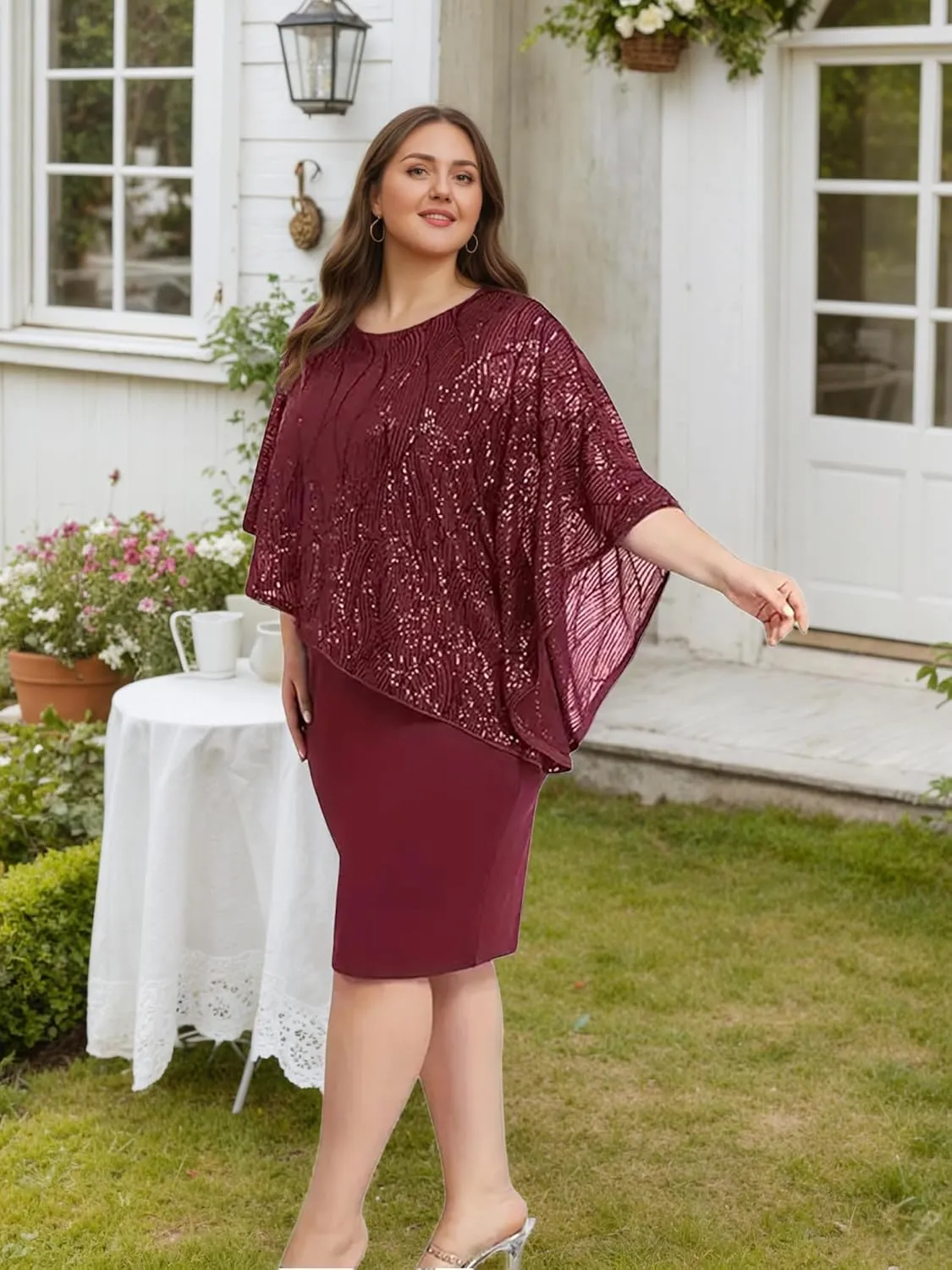 Plus Size Sequins Wedding Guest Dress for Curvy Women - Sparkly Prom Dress Evening Cocktail Midi Dress Half Sleeve